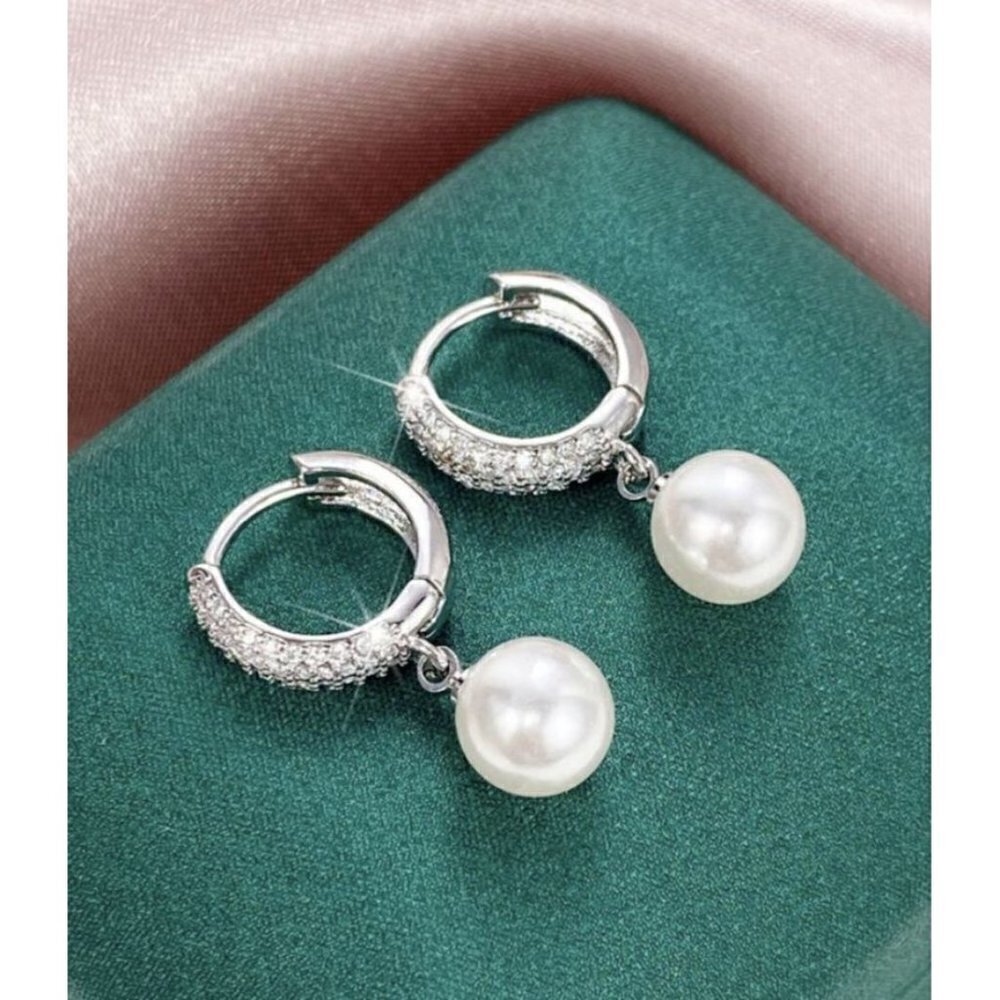 Luxury Elegant Faux Pearl Zircon Huggies Earrings 925 Silver Plated